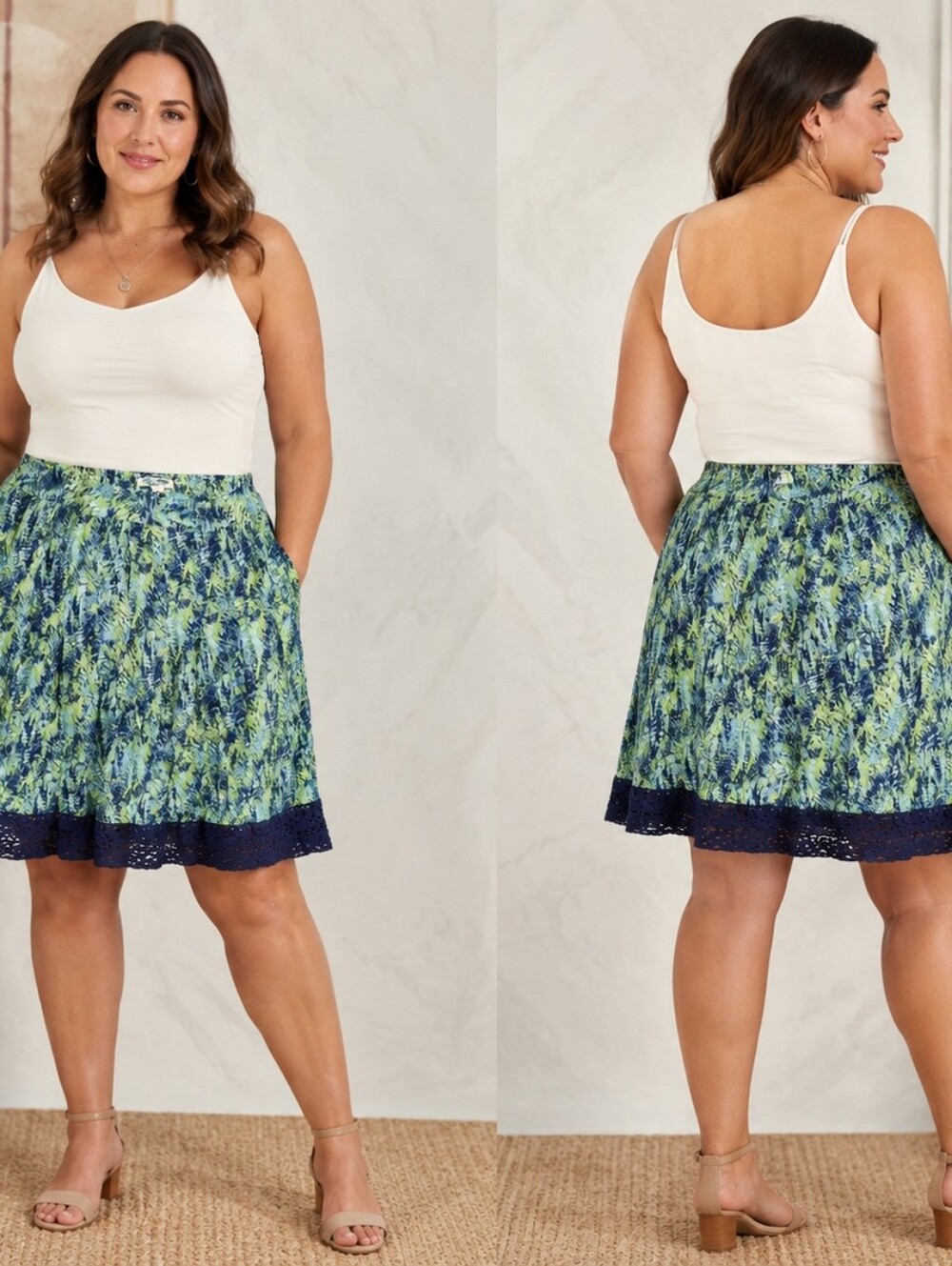 Studio West Tropical Leaf Print Lace Hem Skirt Women’s Large Blue Green Flowy Li